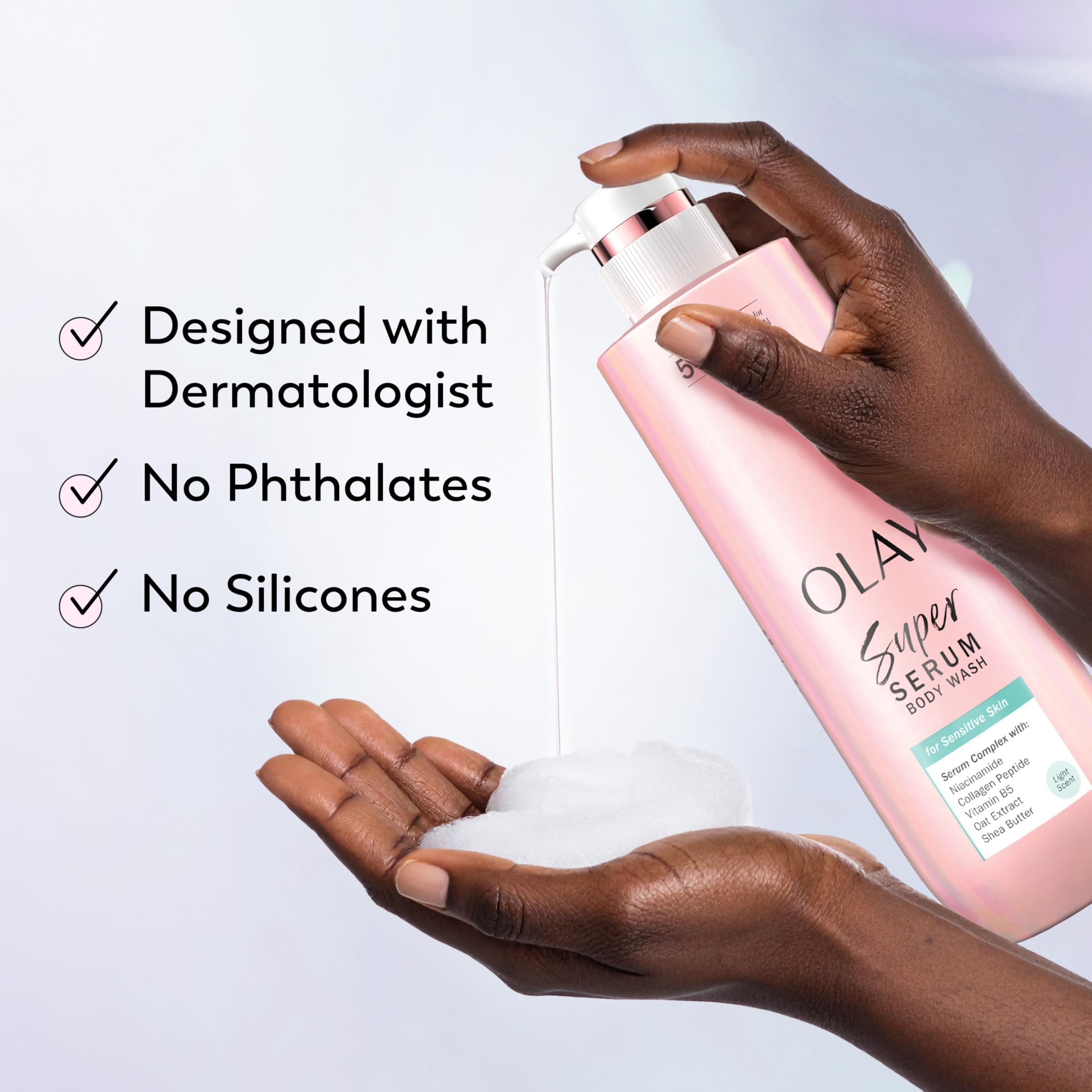 Olay Super Serum Body Wash Vitamin B5 close-up suggests conditioning use.