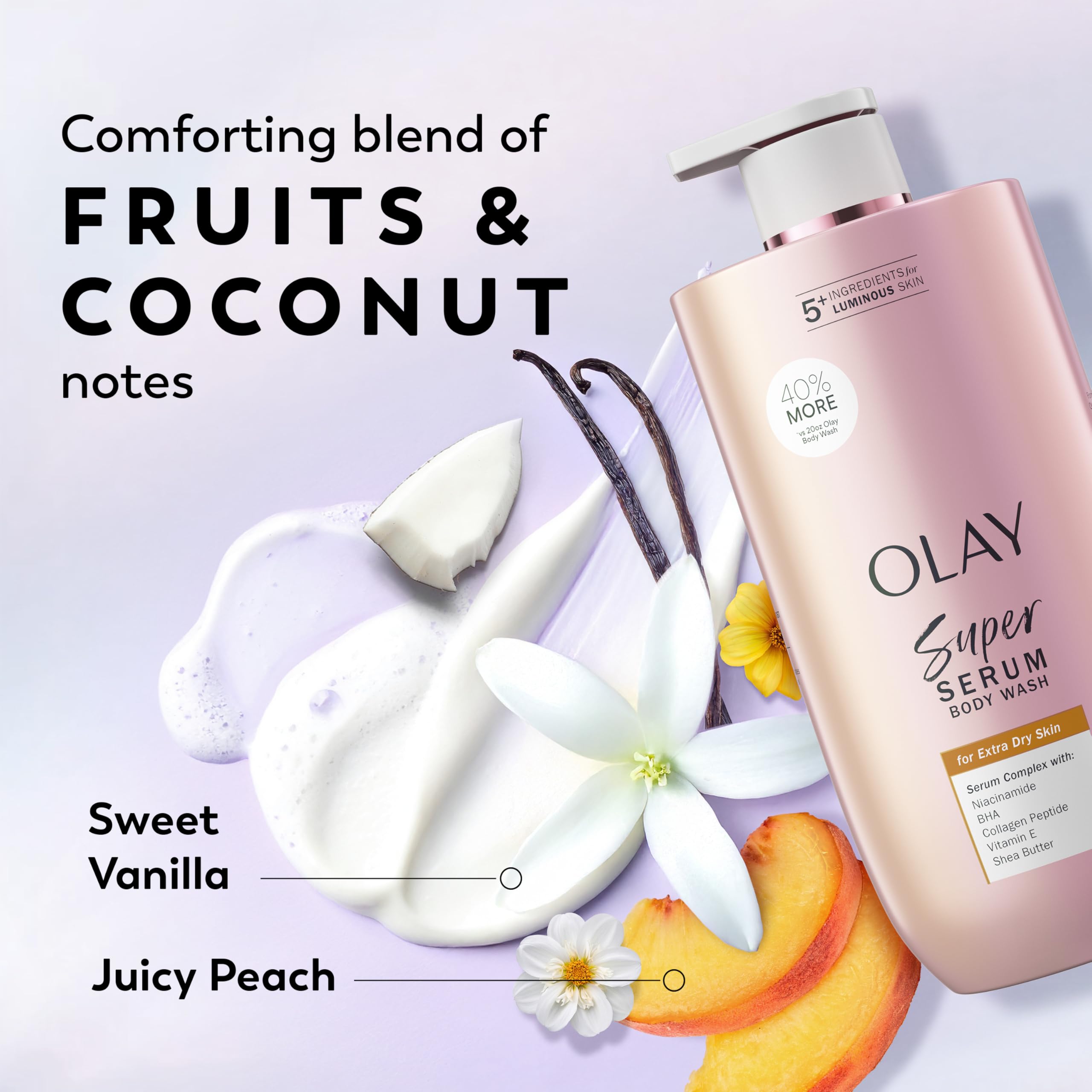 Olay Super Serum Body Wash texture closeup showing creamy formula