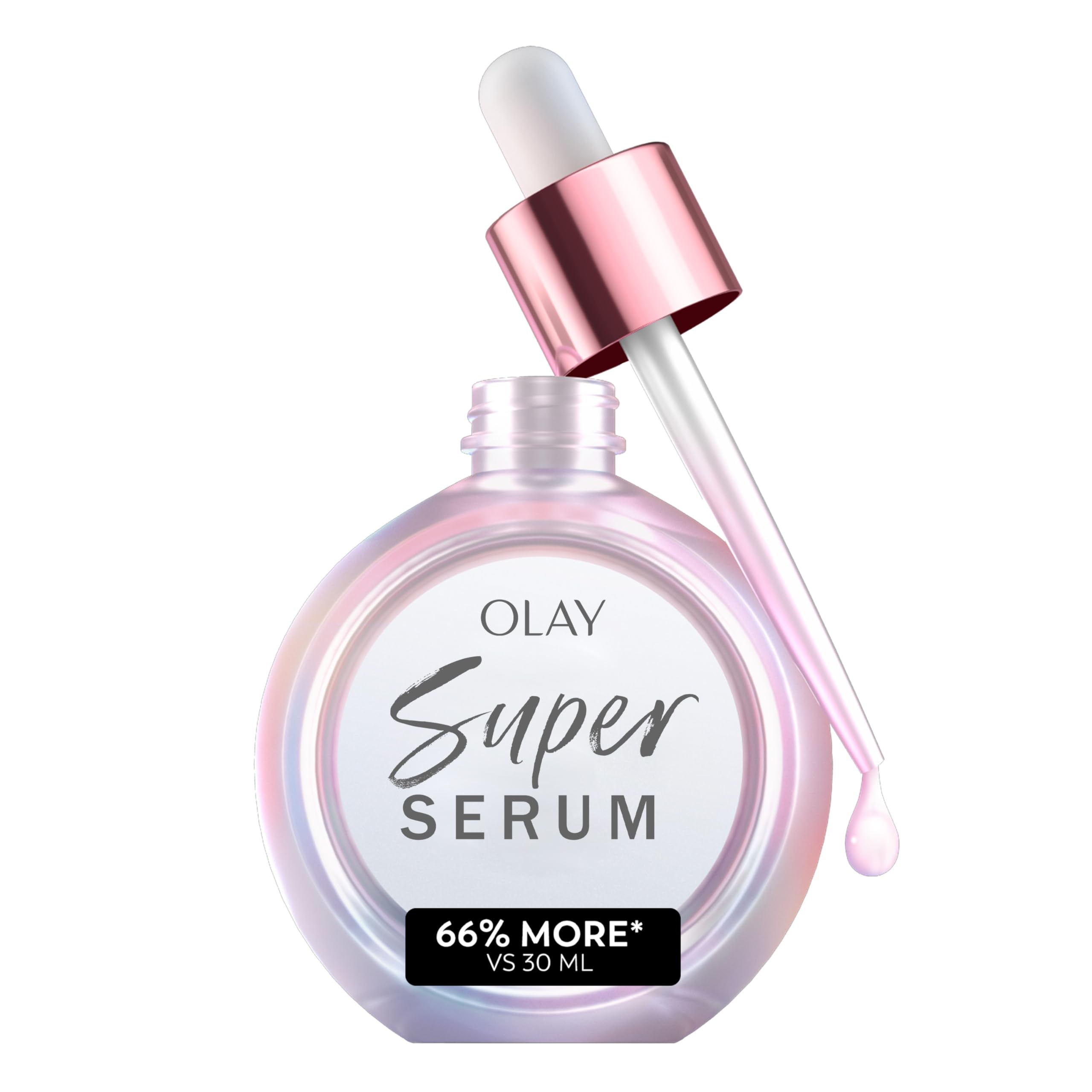 Olay Super Serum glow bottle highlights radiant hydration for healthy-looking skin.