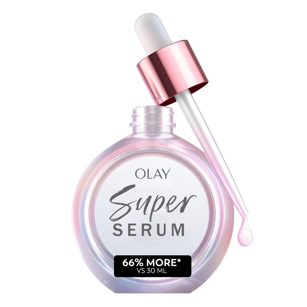 Olay Super Serum glow bottle highlights radiant hydration for healthy-looking skin.