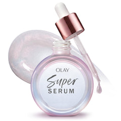 Olay Super Serum glow bottle demonstrates radiant skin with a lightweight feel