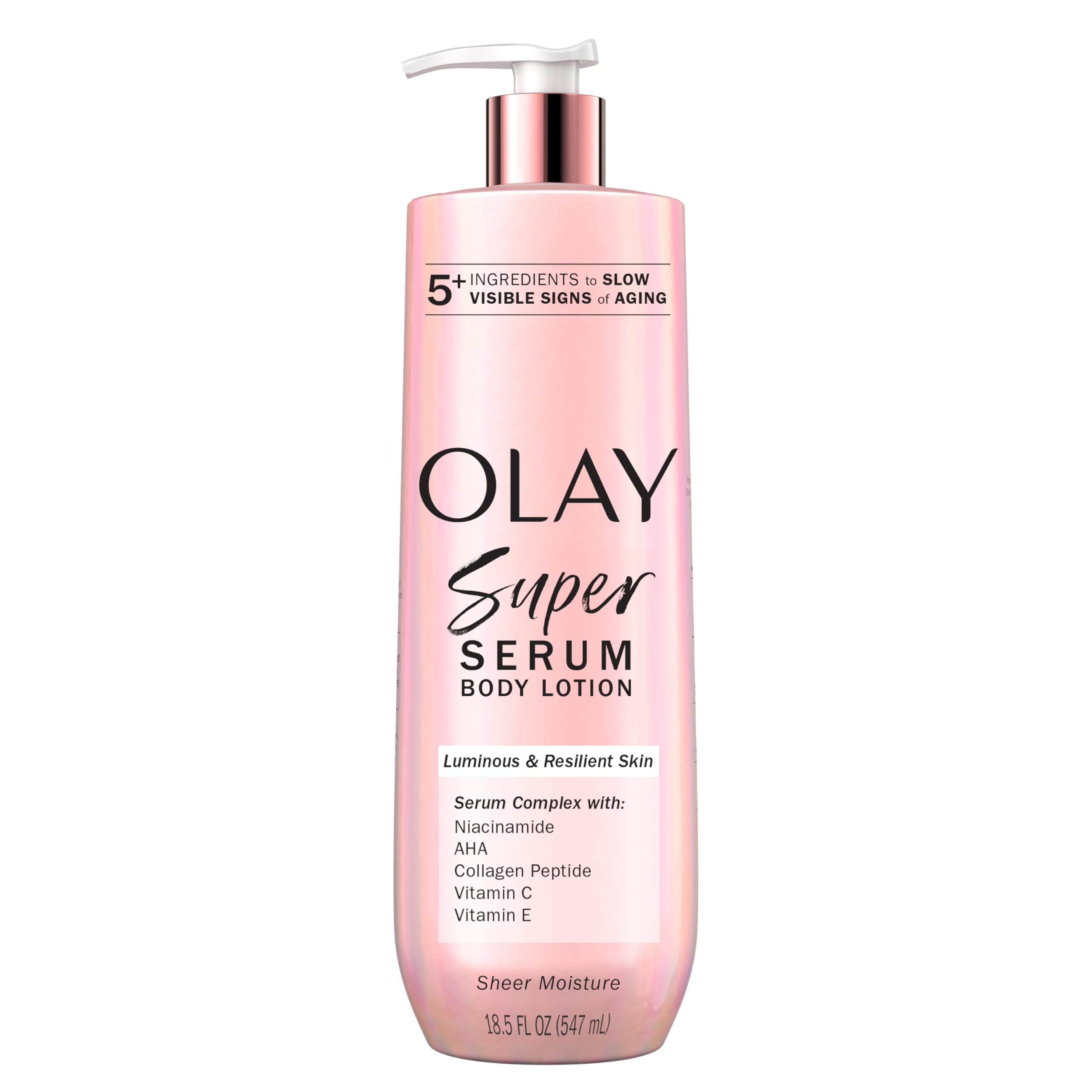 Olay Super Serum Hand & Body Lotion bottle shows lasting hydration for dry skin.