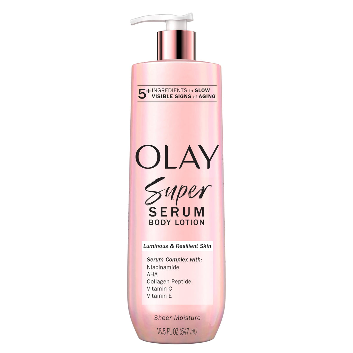Olay Super Serum Hand & Body Lotion bottle shows lasting hydration for dry skin.