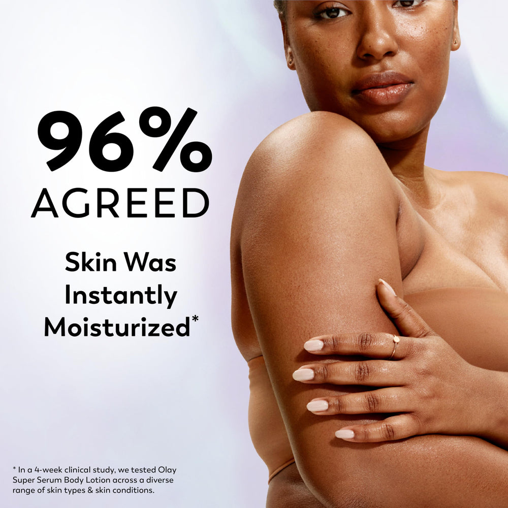 Olay Super Serum Hand & Body Lotion color swatches indicate premium care.