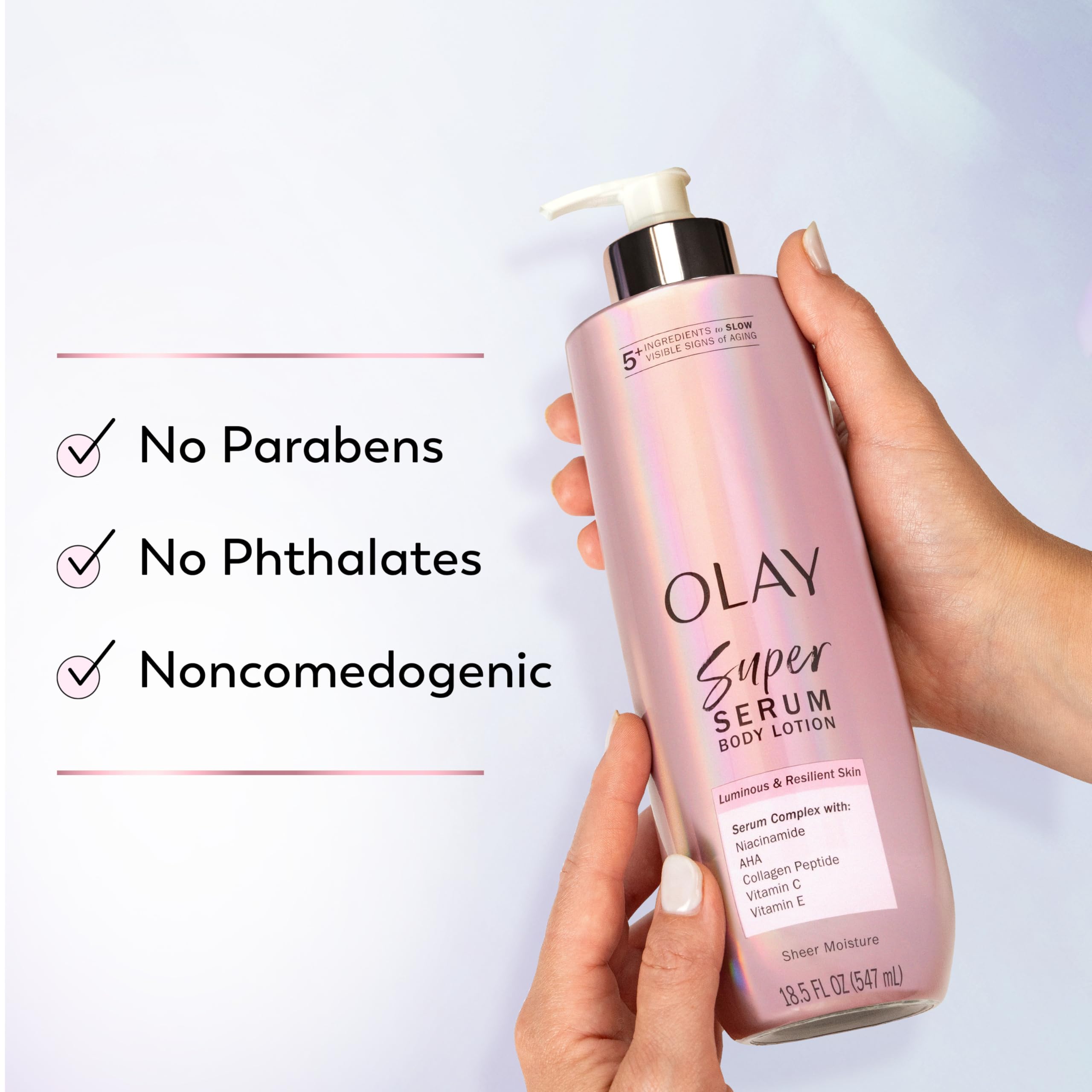Olay Super Serum Hand & Body Lotion ingredients feature Niacinamide and AHA.