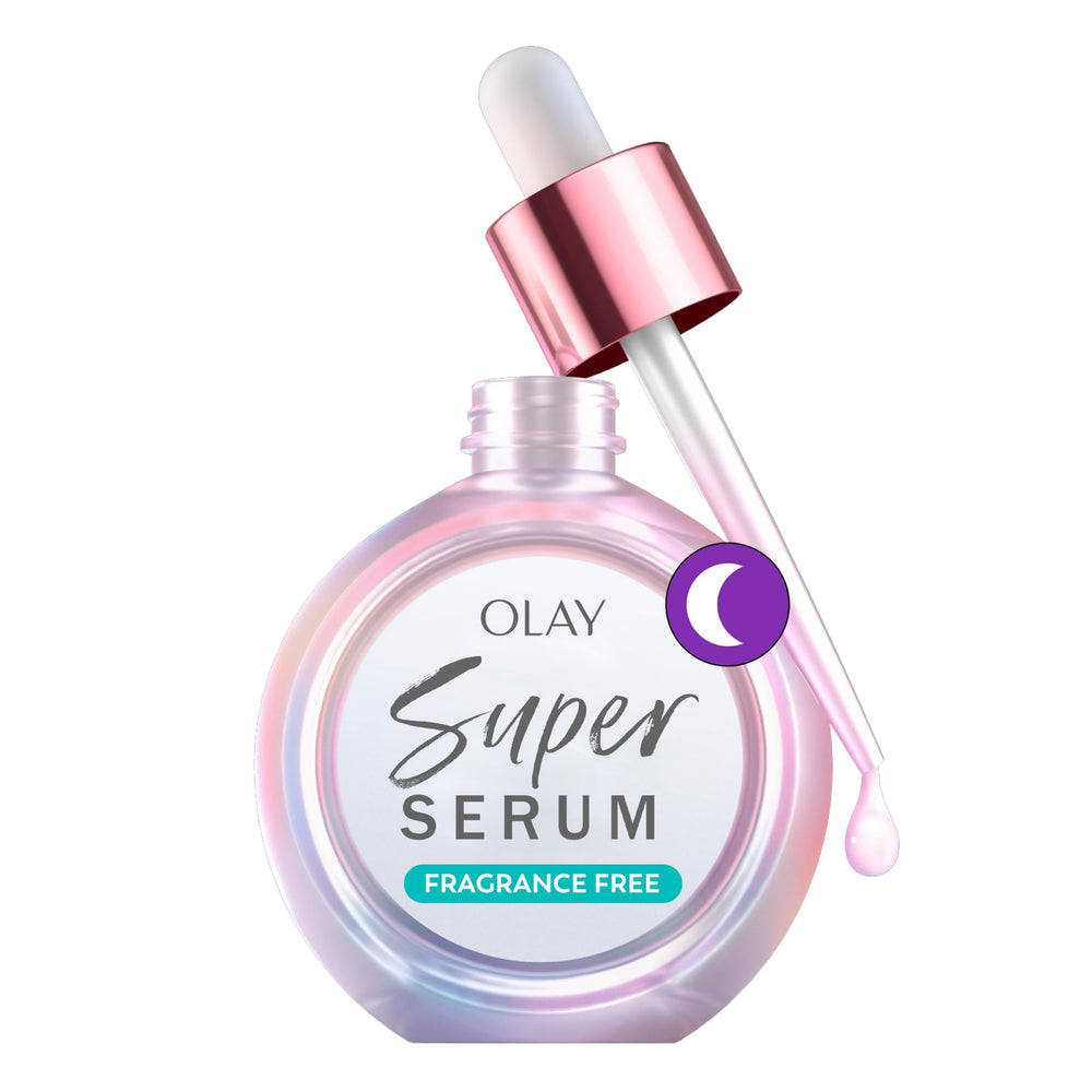 Olay Super Serum Night Repair bottle pour, fragrance-free hydration for overnight renewal
