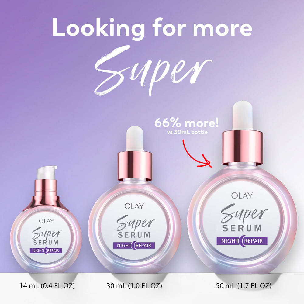 Olay Super Serum Night Repair glass-bottle on modern bathroom shelf
