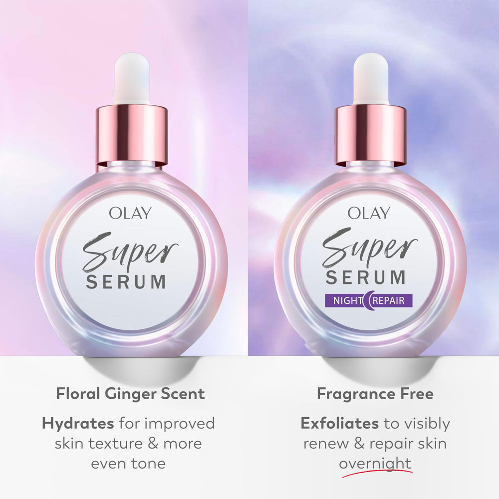 Olay Super Serum Night Repair packaging design with fragrance-free badge