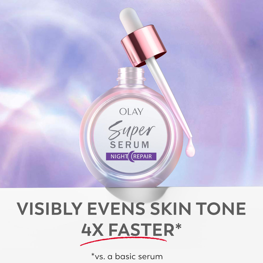 Olay Super Serum Night Repair skin-application after cleansing enhances tone