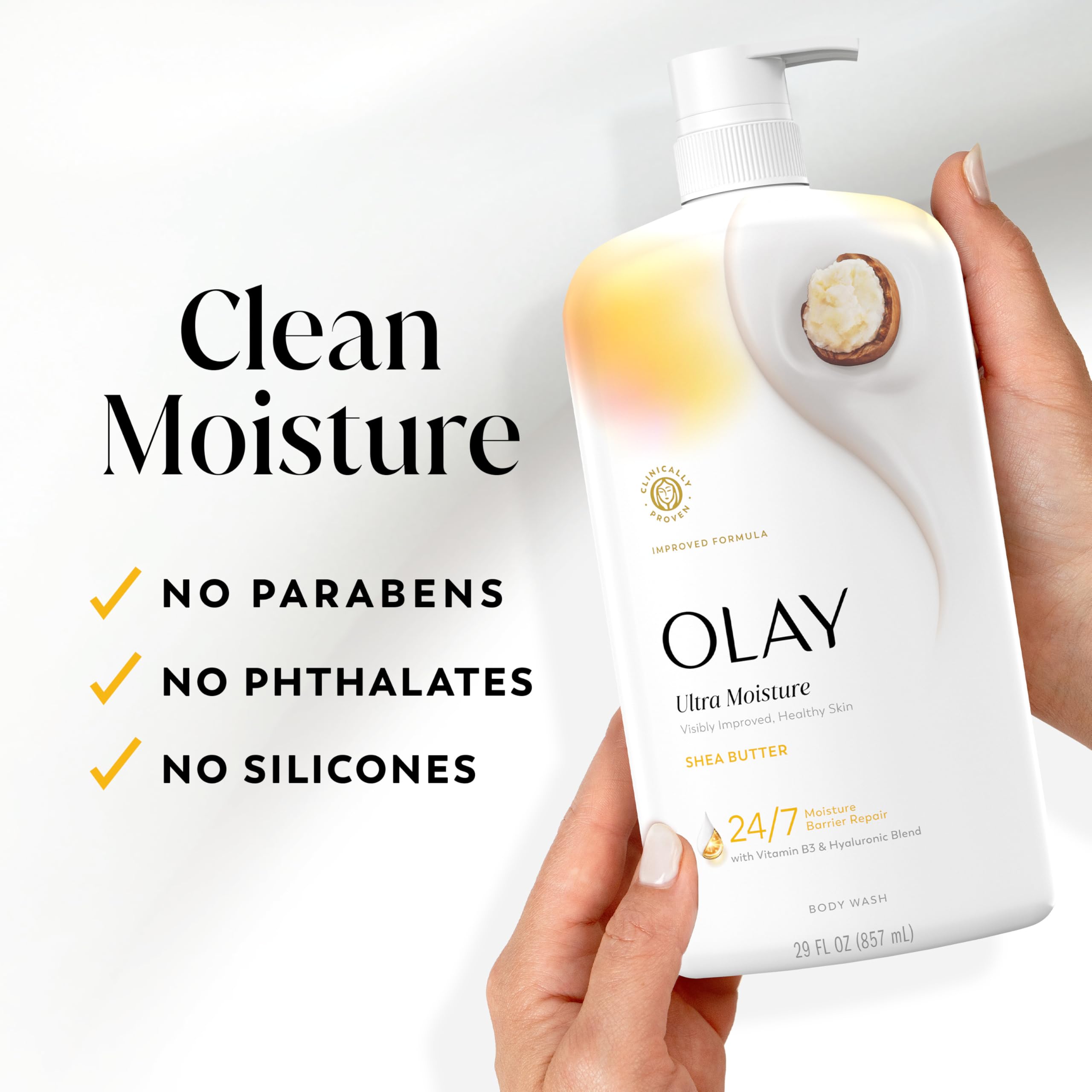 Olay Ultra Moisture bottle close-up with Shea Butter highlight for moisturized skin