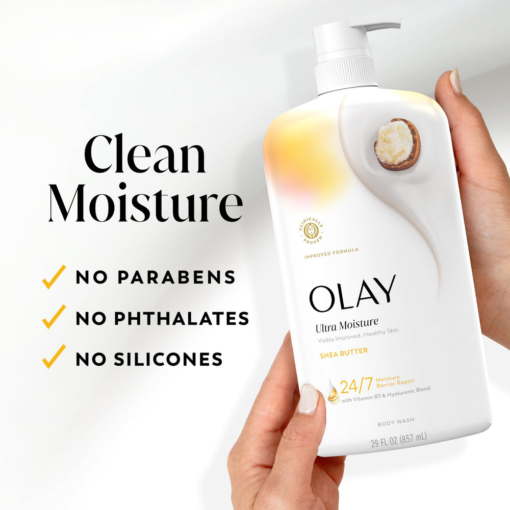 Olay Ultra Moisture bottle close-up with Shea Butter highlight for moisturized skin