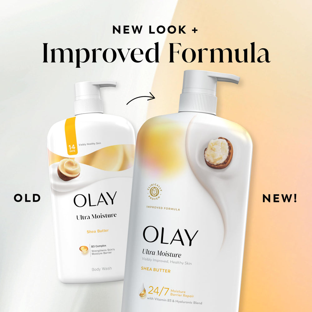 Olay Ultra Moisture bottle in shower with rich lather ready for cleansing
