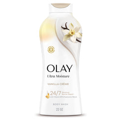 Olay Ultra Moisture Vanilla Creme bottle on a shower shelf for daily hydration