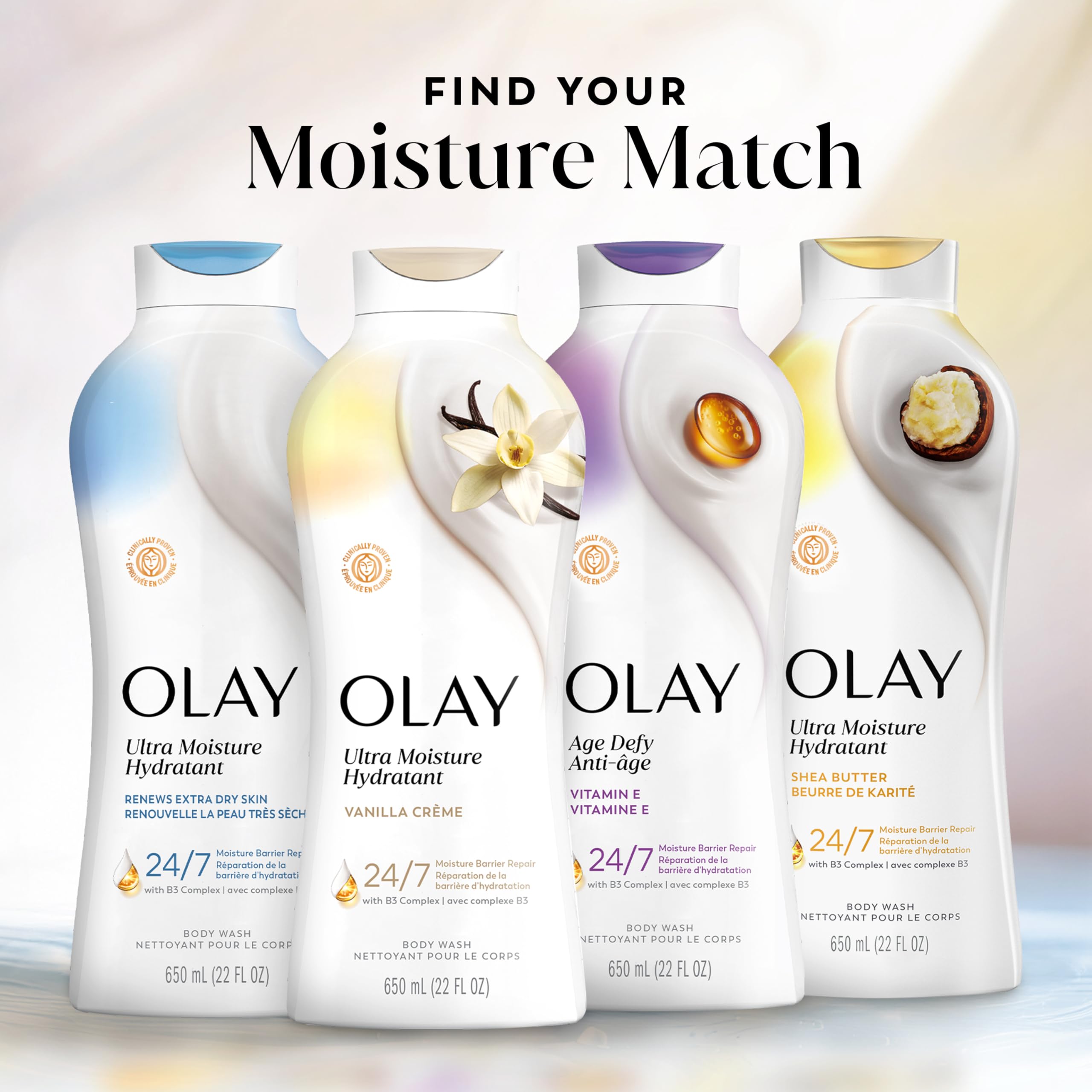 Minimalist bathroom scene featuring Olay Vanilla Creme bottle
