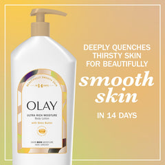 Olay Ultra Rich Body Lotion texture close-up showing creamy consistency.