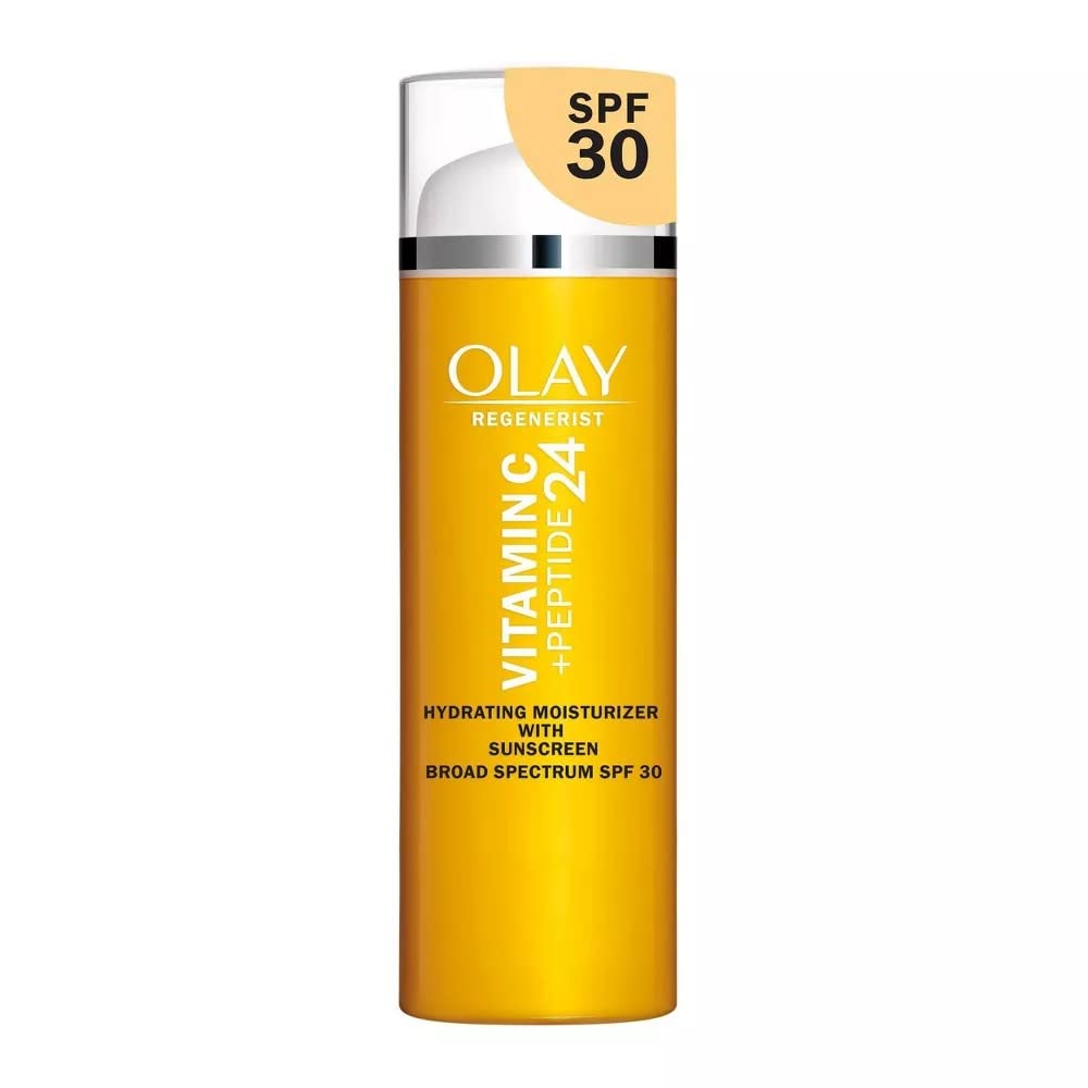 Olay Vitamin C Hydrating Moisturizer with SPF 30 pump for quick hydration and sun protection