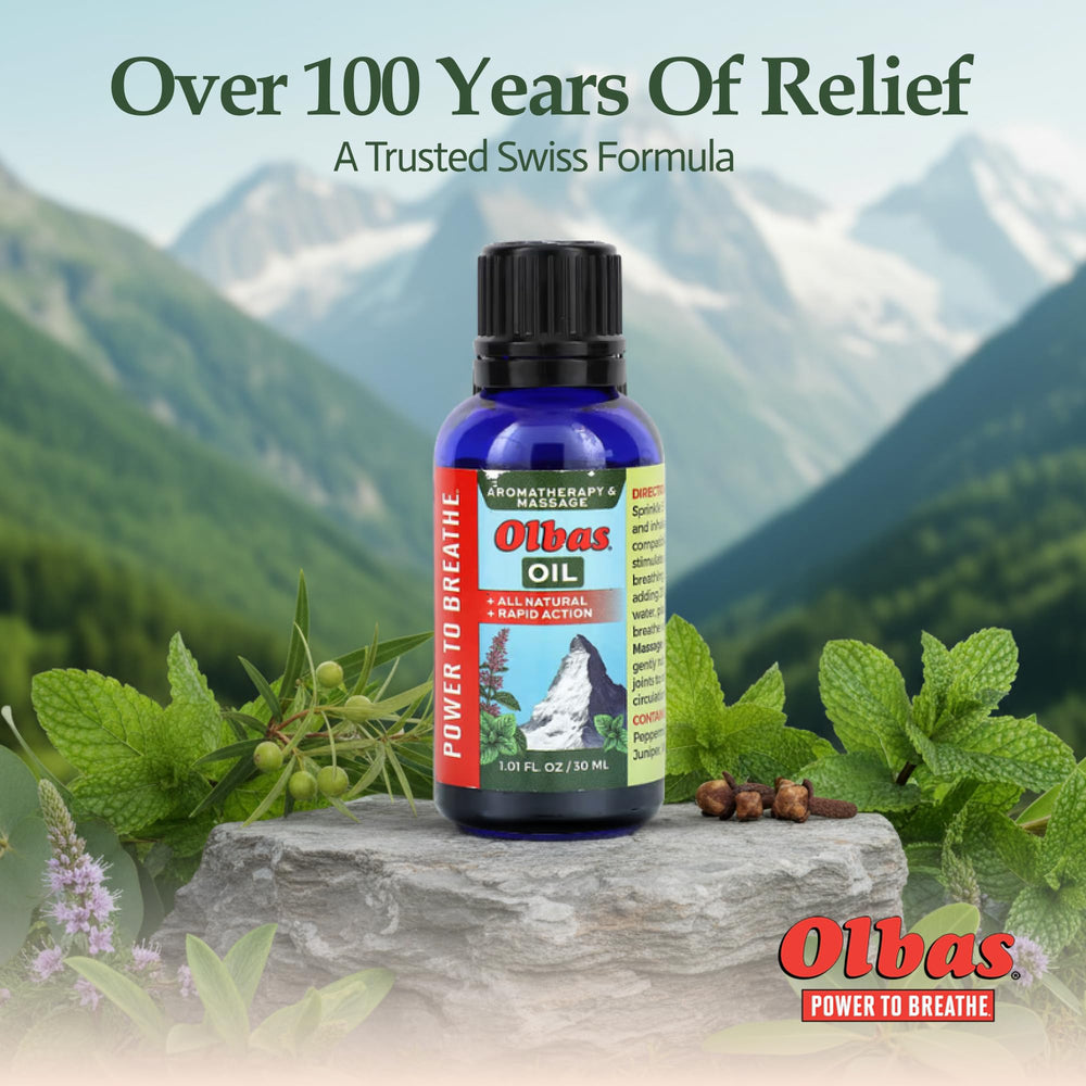 Olbas massage oil for inhalation providing quick comforting aroma.