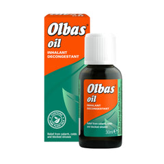 Olbas Oil 30ml bottle delivers compact decongestant vapours for quick nasal relief.