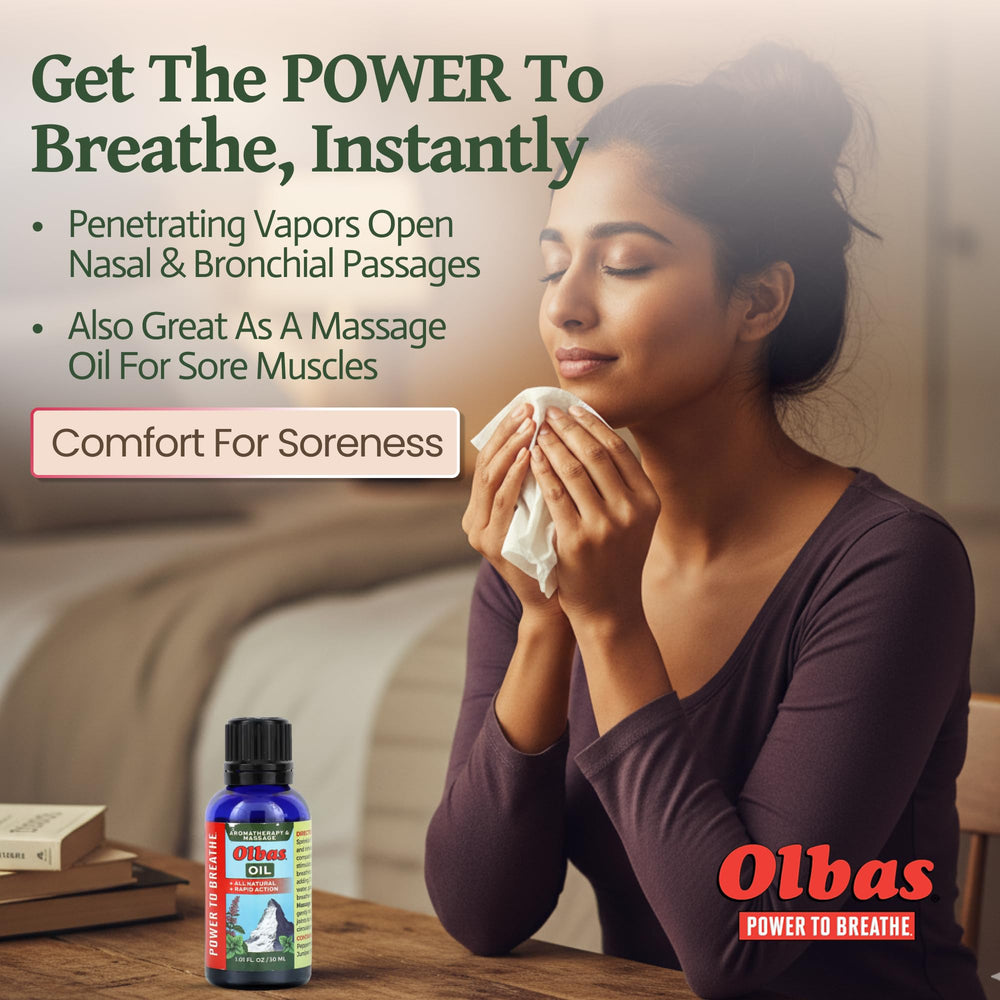 Olbas pure essential oils blend with eucalyptus for body relaxation.