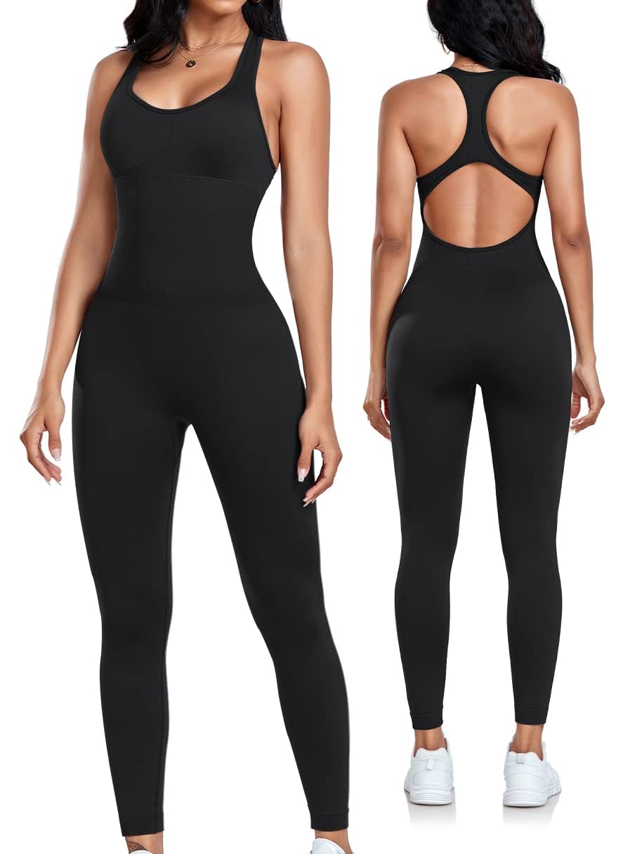 OLCHEE seamless-fabric jumpsuit delivers breathable comfort during workouts.