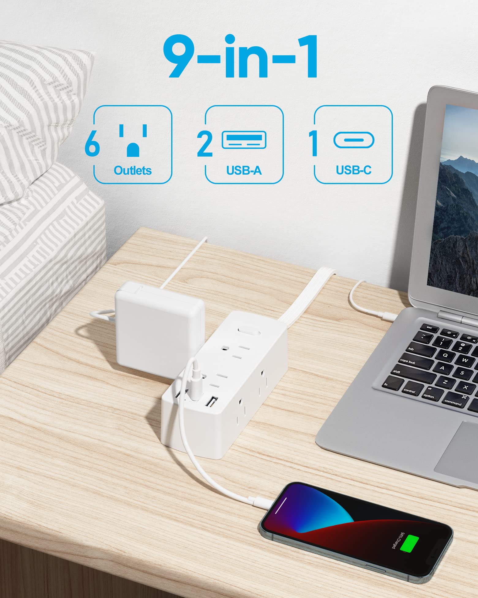 Olcorife six-outlet power strip with USB ports enabling multiple devices charging