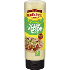 Old El Paso Creamy Salsa Verde bottle pour for quick taco toppings.
