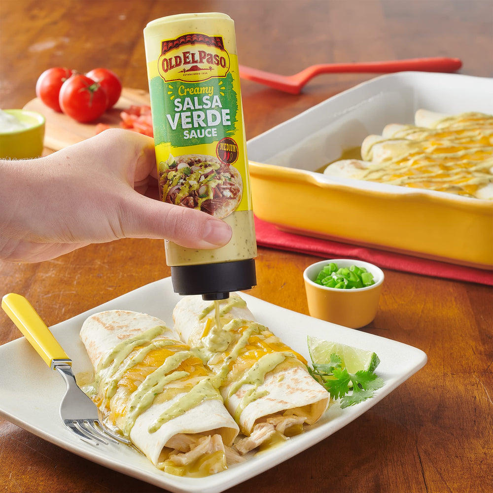 Old El Paso Creamy Salsa Verde squeezable bottle speeds topping.