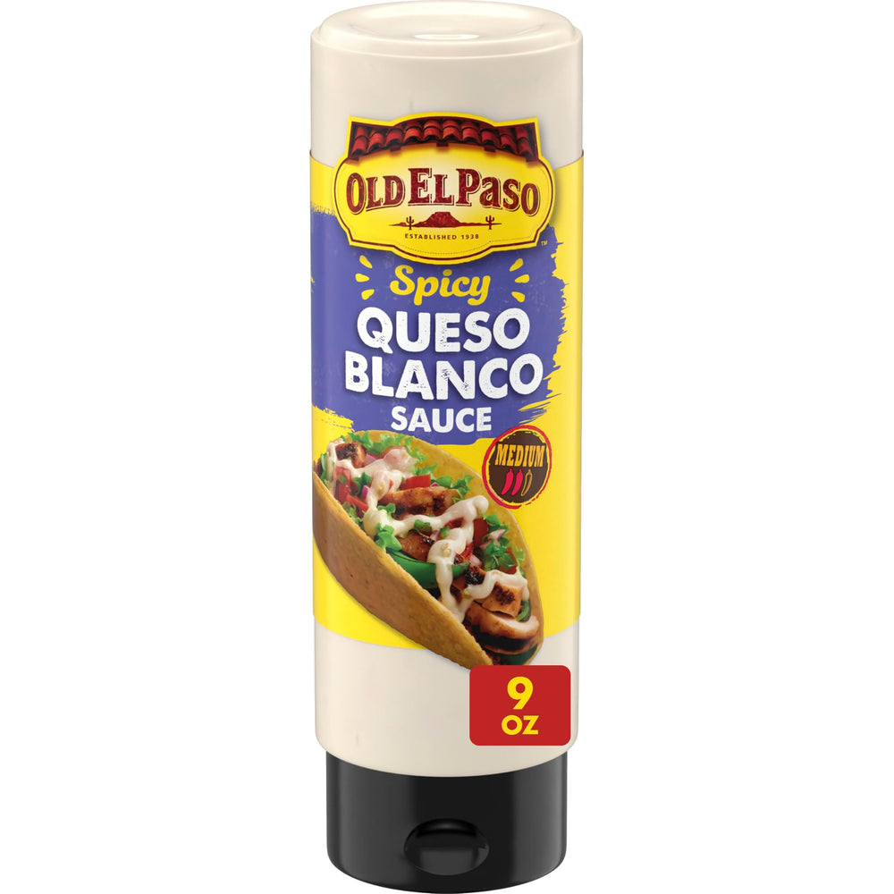 Old El Paso Queso Blanco sauce bottle with drip-free cap for easy toppings.