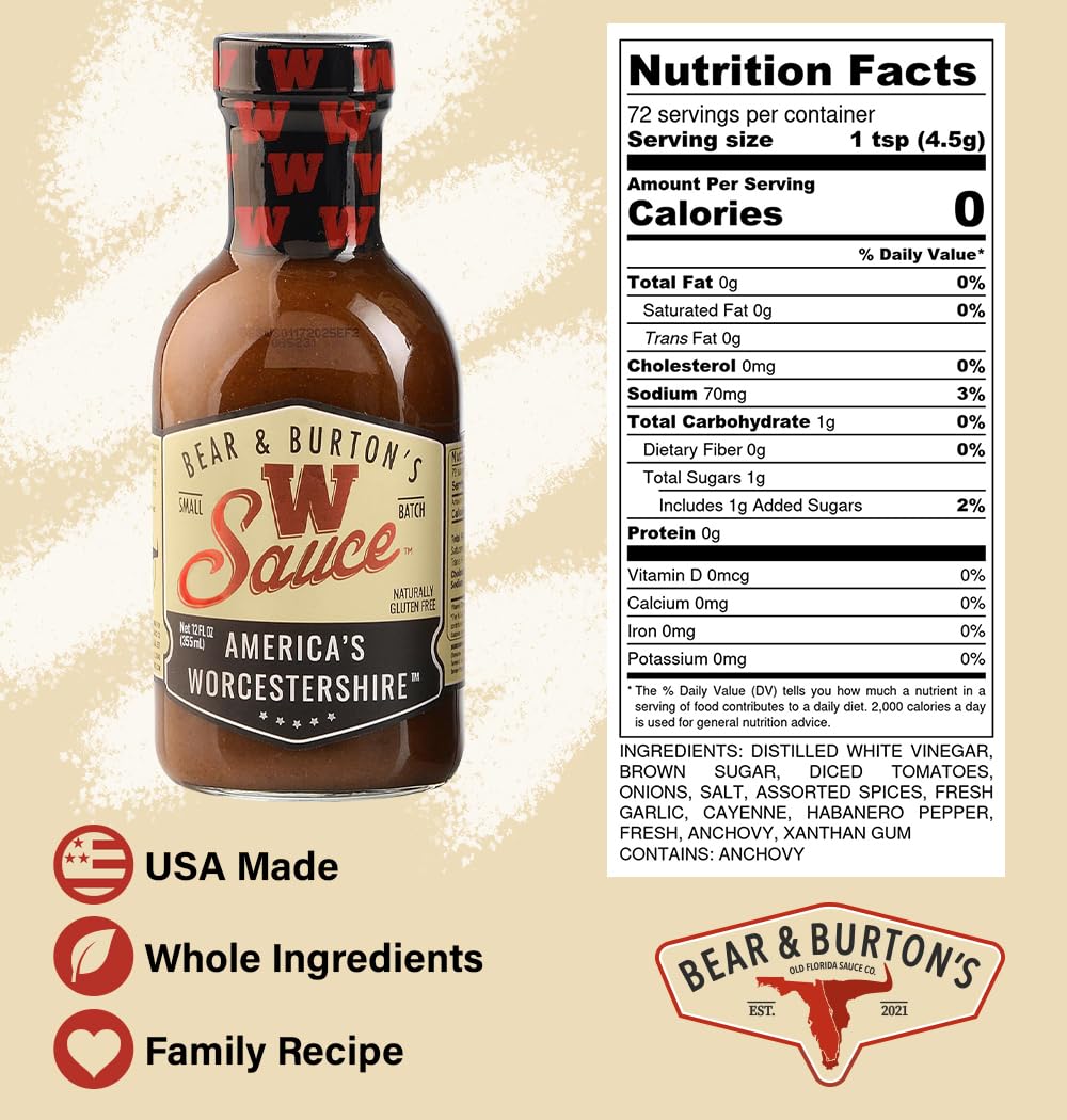 Old Florida Sauce Co. Bear & Burton’s W Sauce label close-up highlighting natural ingredients.
