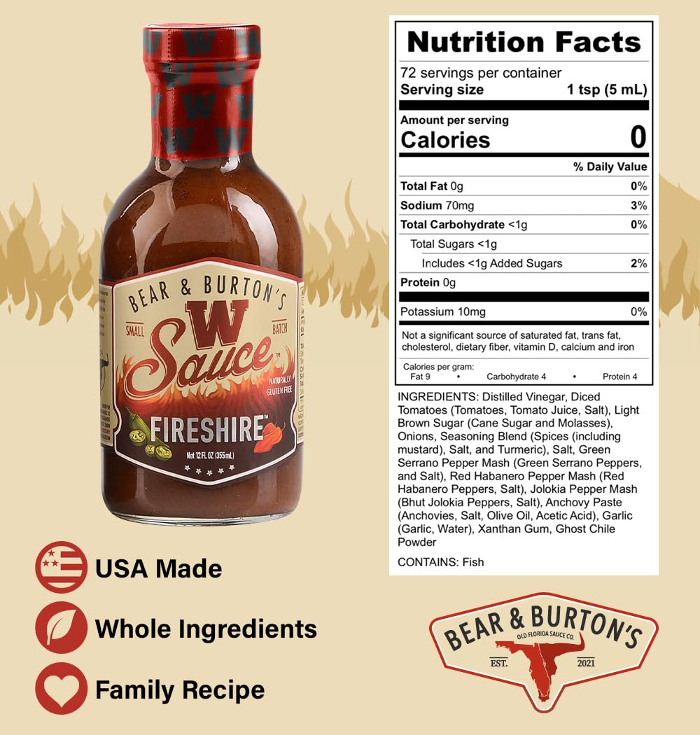 Old Florida Sauce Co. Fireshire bottle tilted view for a bold glaze.