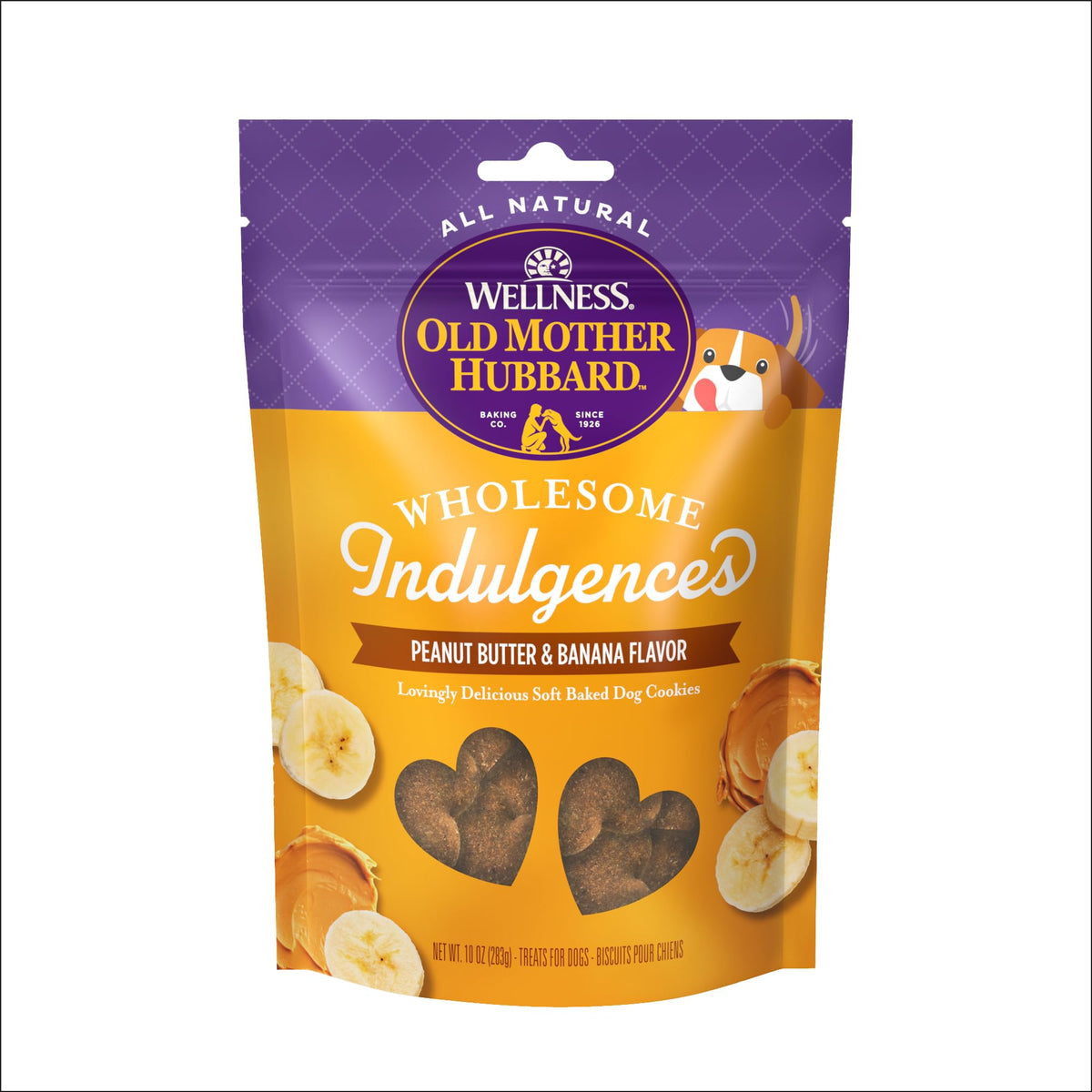Old Mother Hubbard heart-shaped biscuits with visible inclusions, wholesome reward.