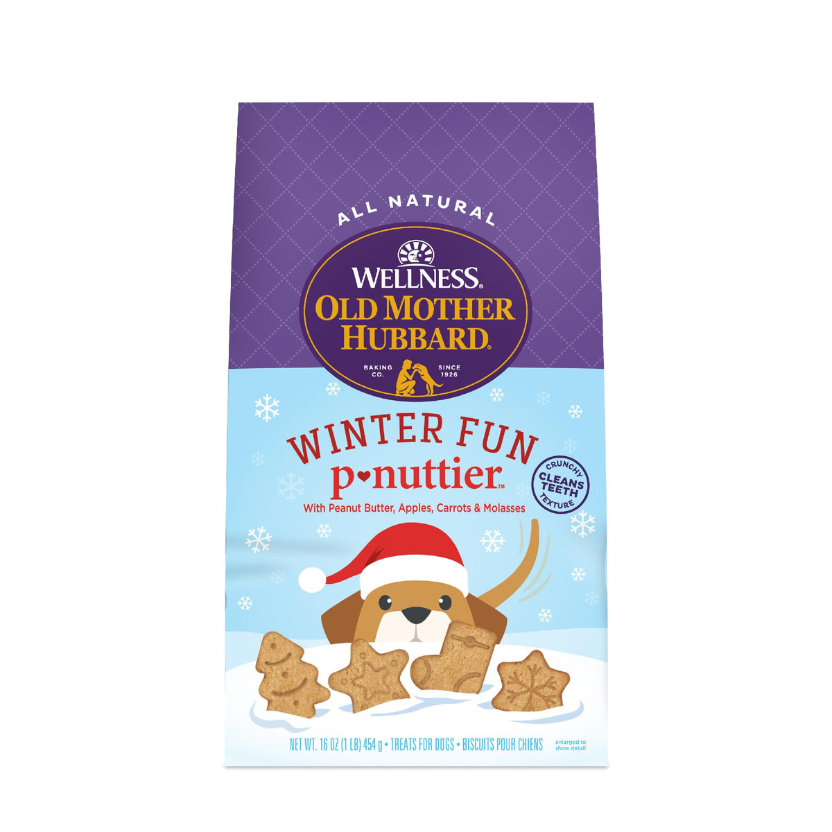 Old Mother Hubbard Winter Fun P-Nuttier biscuits packshot with seasonal shapes for dogs