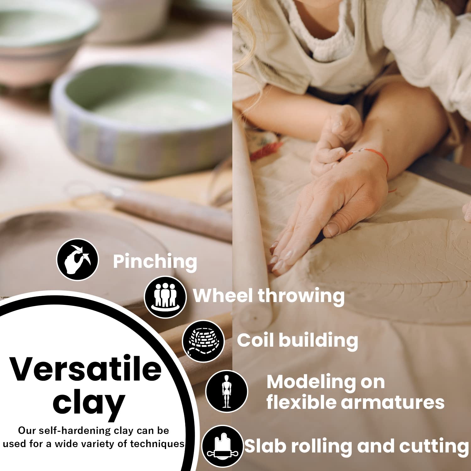 Old Potters air dry clay in hand sculpting a figure for accessible crafting.