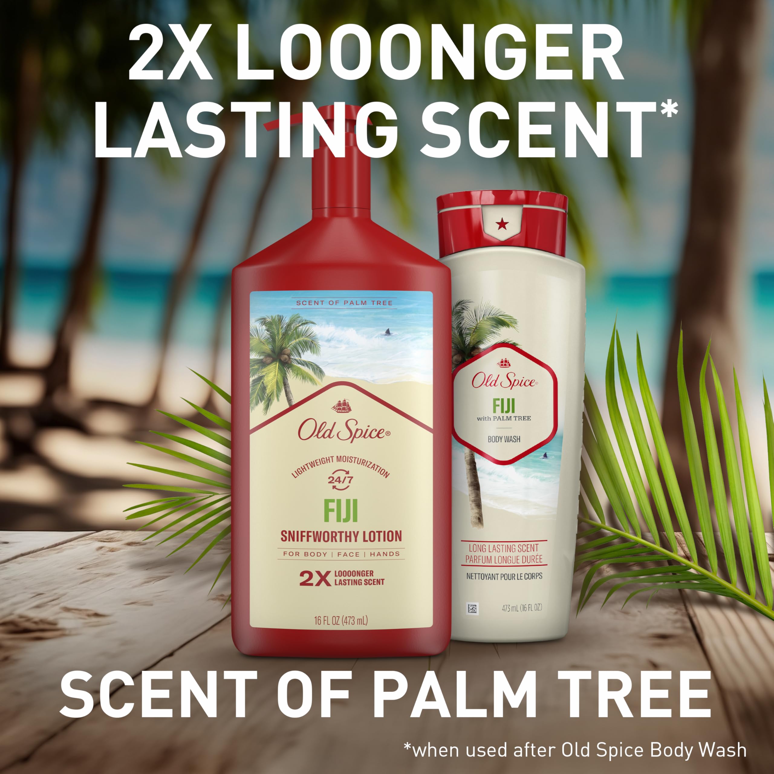 Old Spice Fiji bottle on bathroom shelf emphasizing 24/7 hydration.