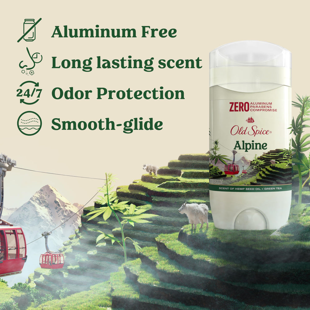Old Spice Alpine Green Tea scent being applied for long-lasting freshness.