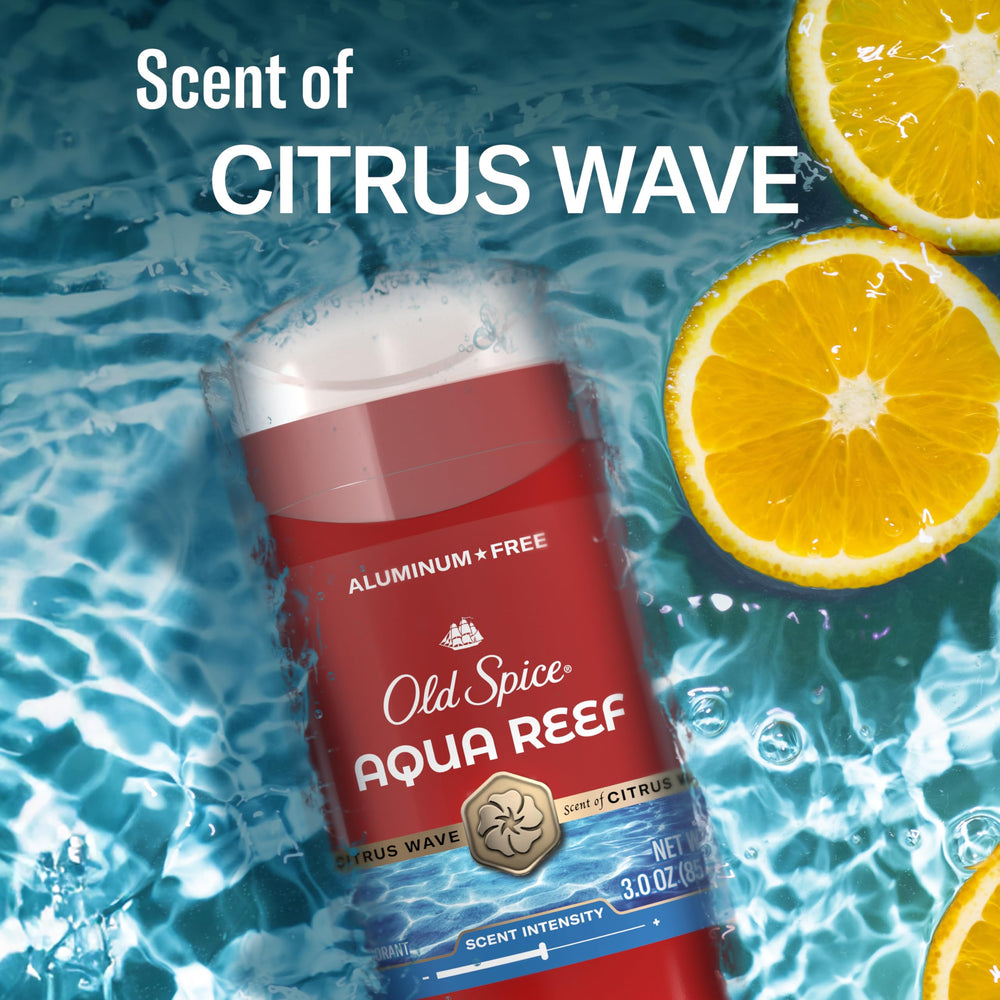 Old Spice Aqua Reef bottle on white background for sleek product photography.