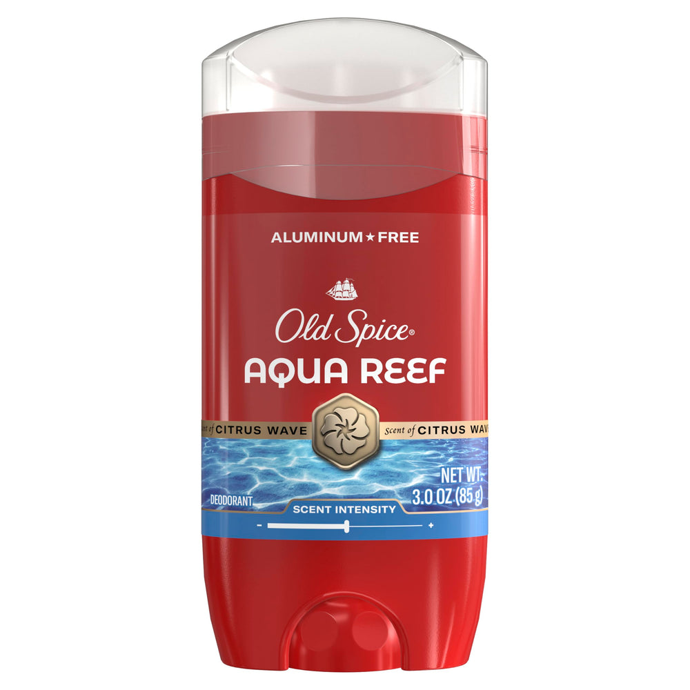 Old Spice Aqua Reef deodorant bottle front shows refreshing daily scent.