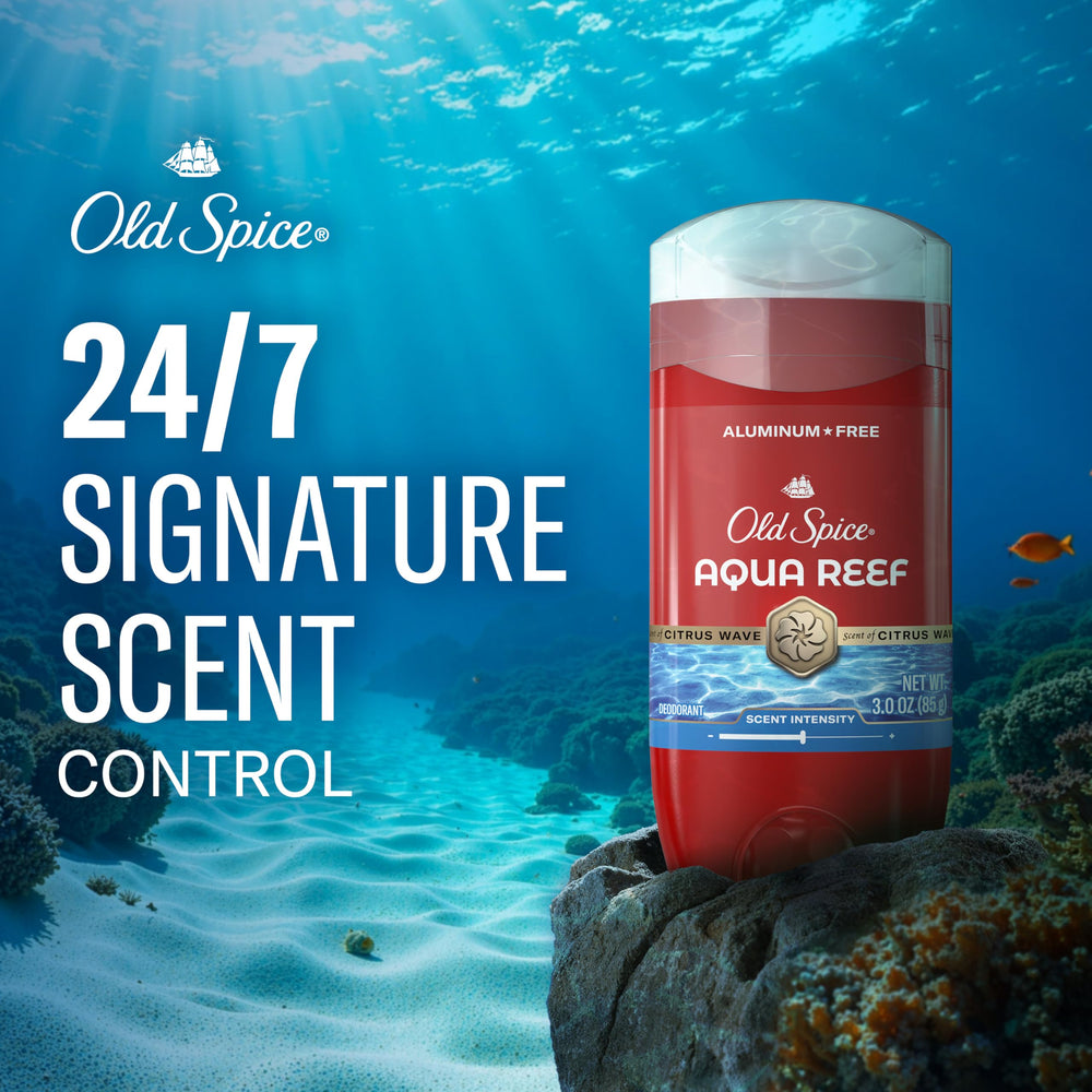 Old Spice Aqua Reef packaging back highlights protection and long-lasting freshness.