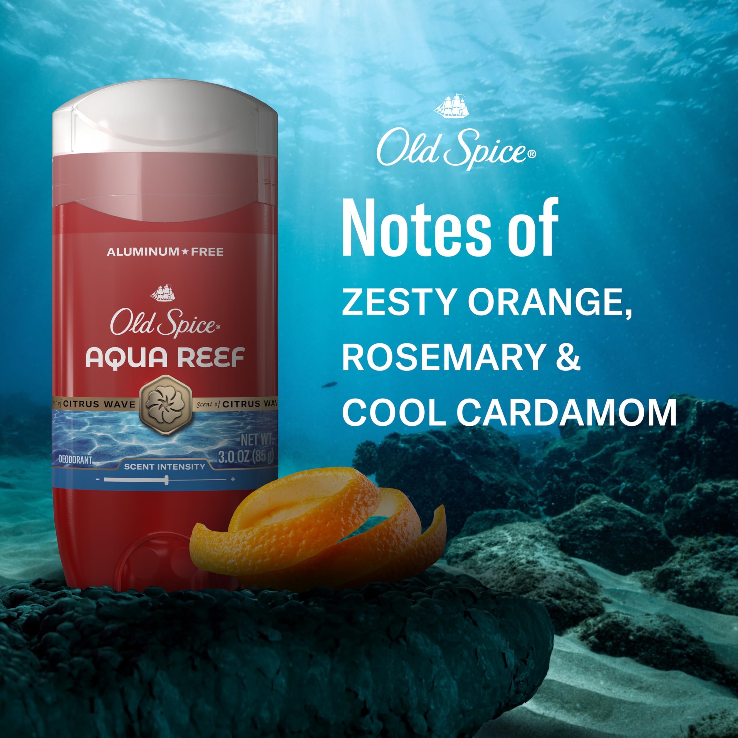 Old Spice Aqua Reef packaging on display emphasizes long-lasting scent.