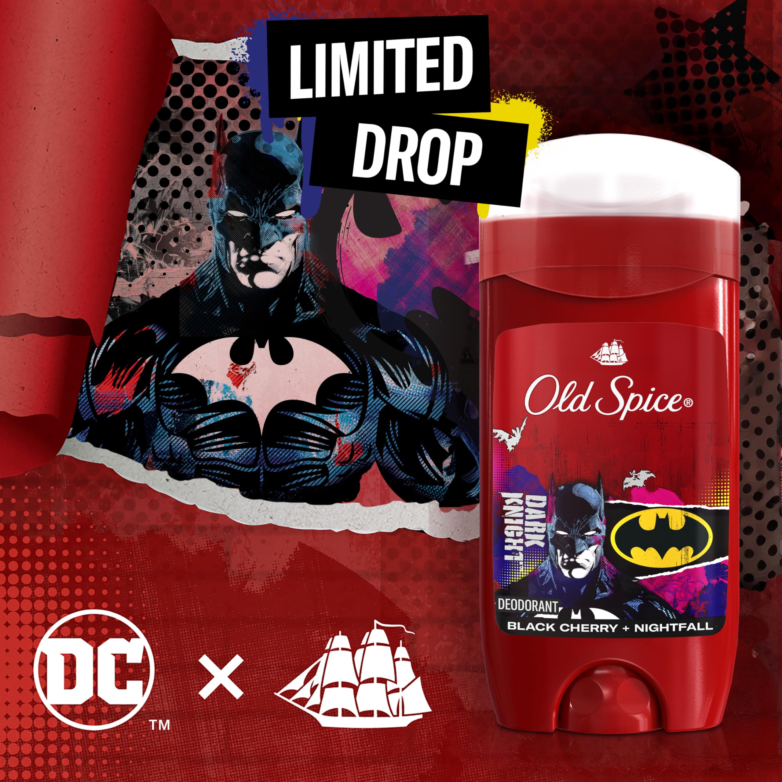 Old Spice Batman DC Comics co-branding emphasizes limited edition appeal.