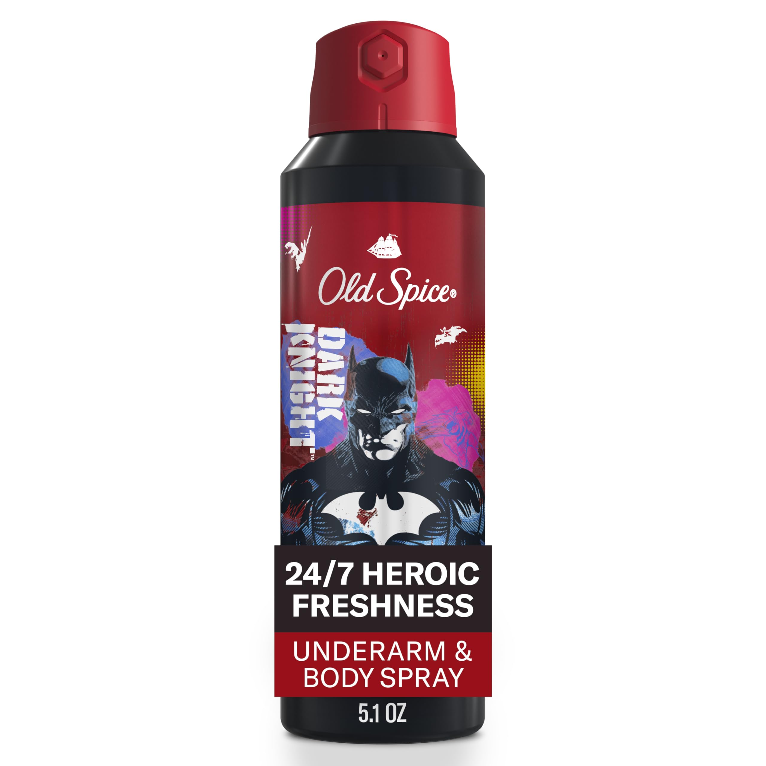 Old Spice Batman dry spray bottle delivering 24/7 freshness for daily wear.