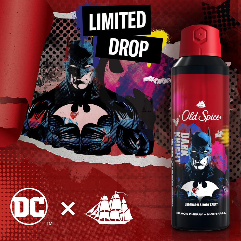 DC-branded packaging pairs with other Old Spice products for layering.