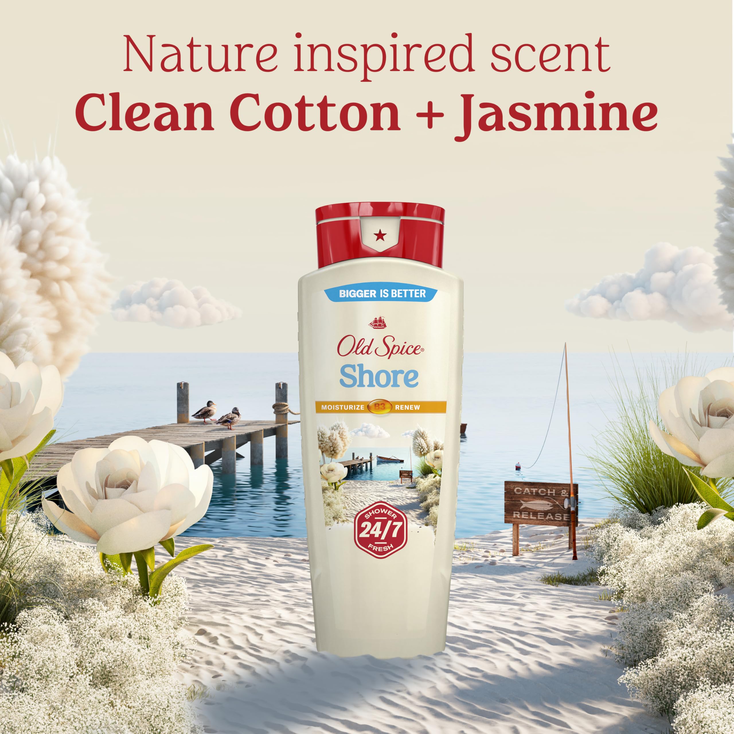 Old Spice bottle in shower scene suggests daily freshness and long-lasting scent.