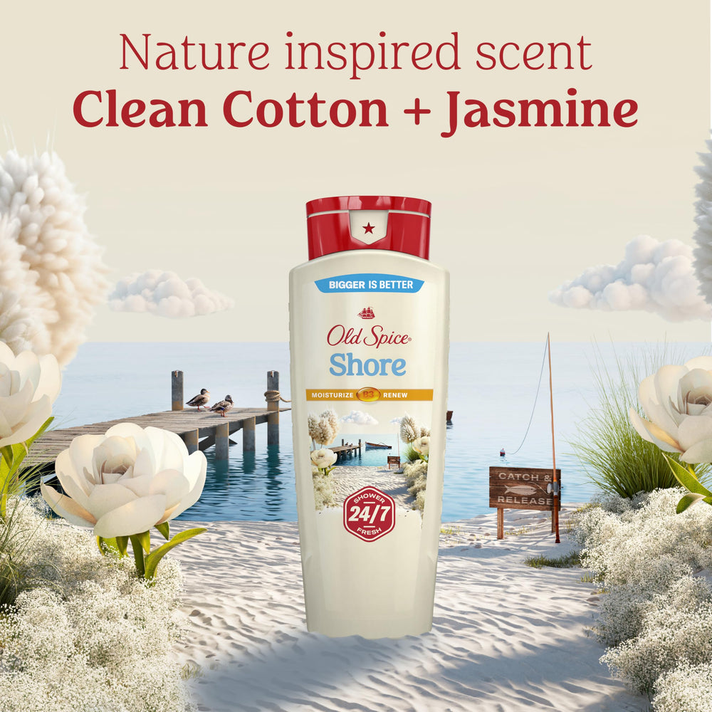 Old Spice bottle in shower scene suggests daily freshness and long-lasting scent.