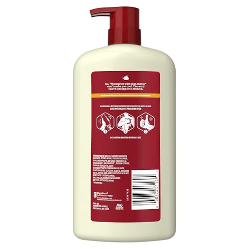 Old Spice bottle on shower shelf highlighting moisturizing formula