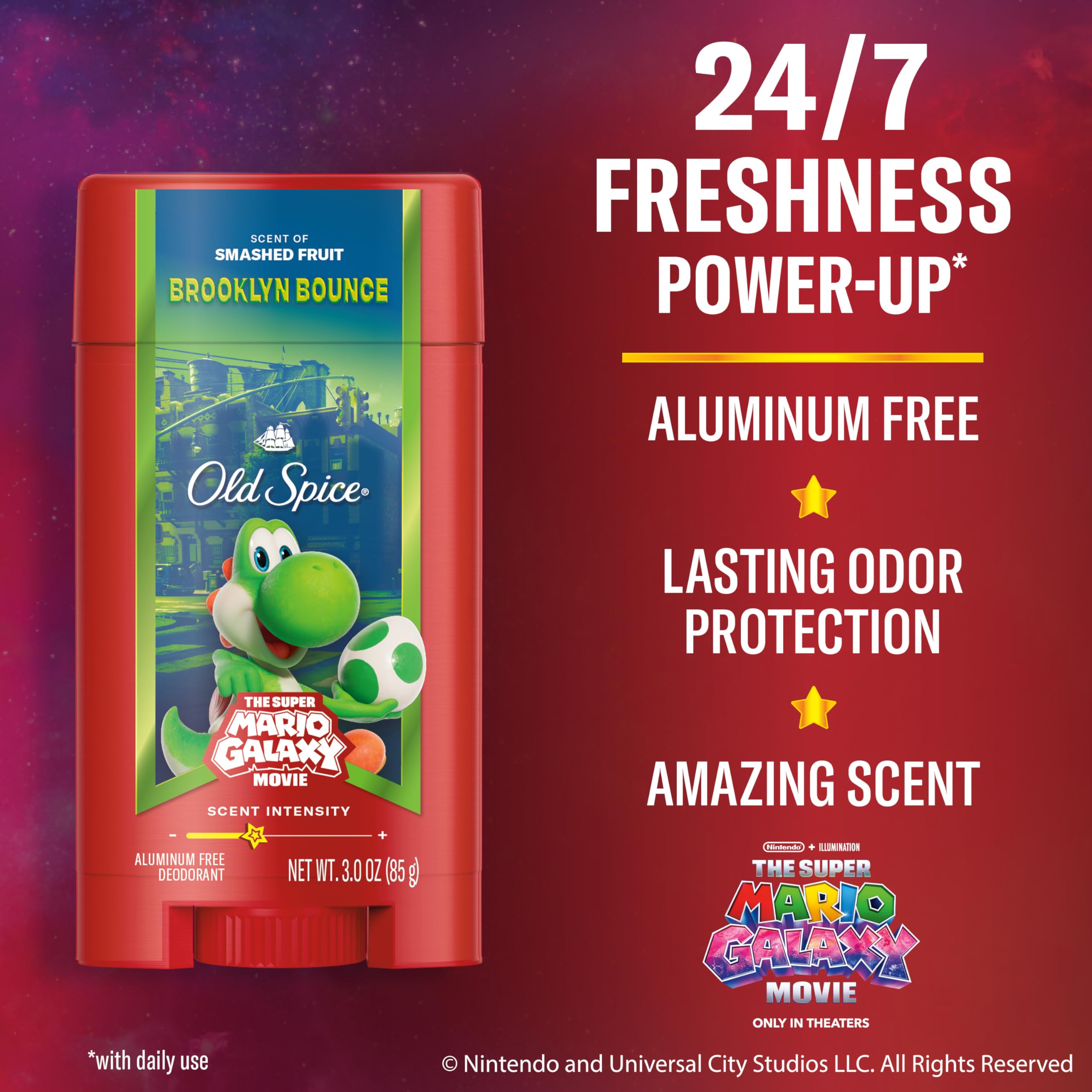 Old Spice Brooklyn Bounce deodorant stick back view highlighting aluminum-free formula and protection.