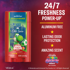 Old Spice Brooklyn Bounce deodorant stick back view highlighting aluminum-free formula and protection.