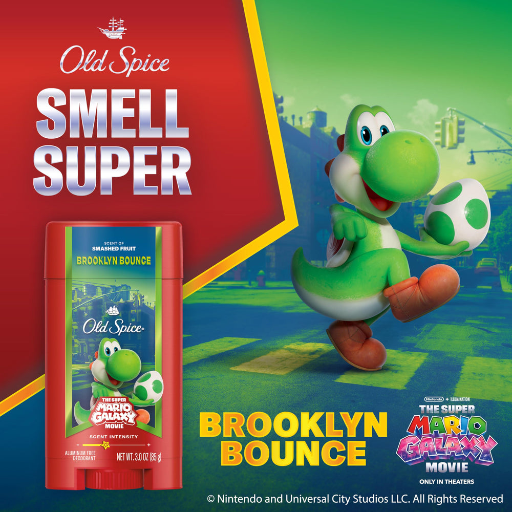 Old Spice Brooklyn Bounce deodorant stick cap detail emphasizing Smashed Fruit scent.