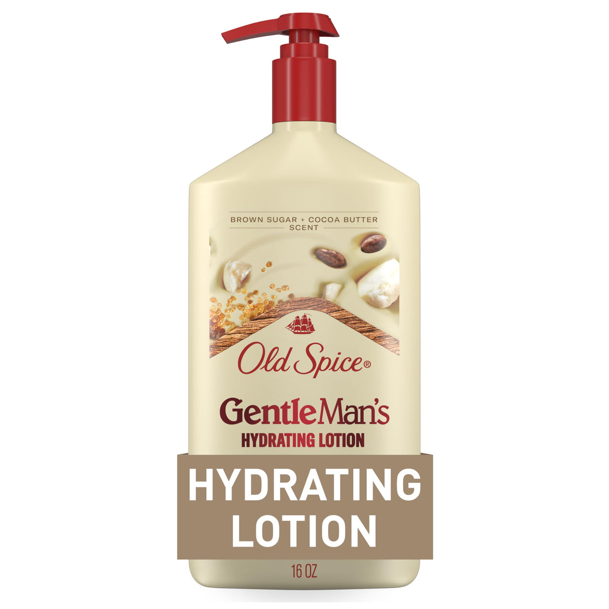Old Spice Gentleman's Blend lotion bottle front shows the brown sugar and cocoa butter scent for daily hydration