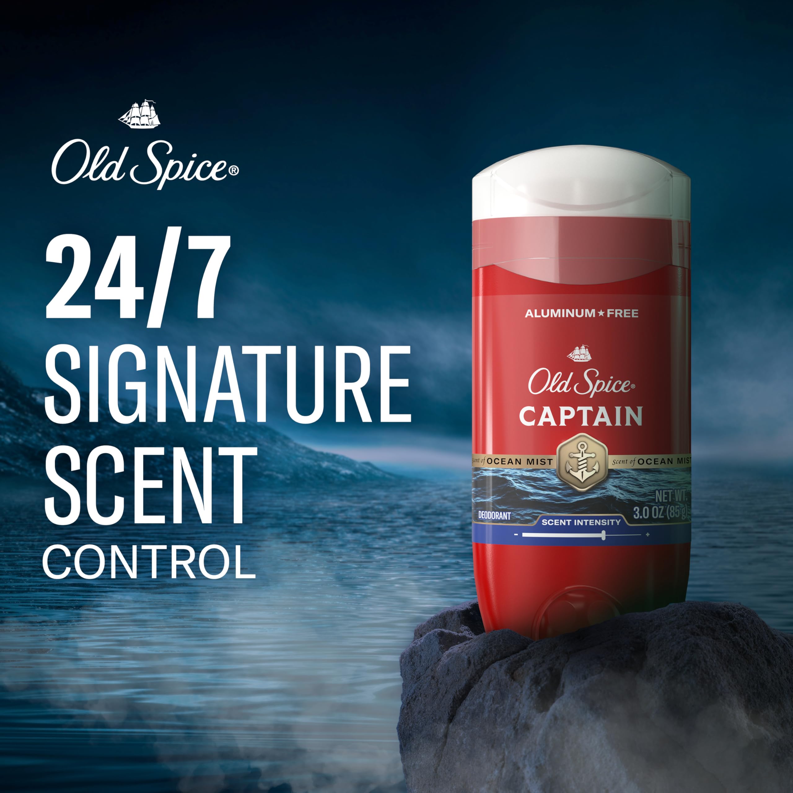 Cap close-up of Old Spice Captain Bergamot deodorant emphasizing masculine scent.